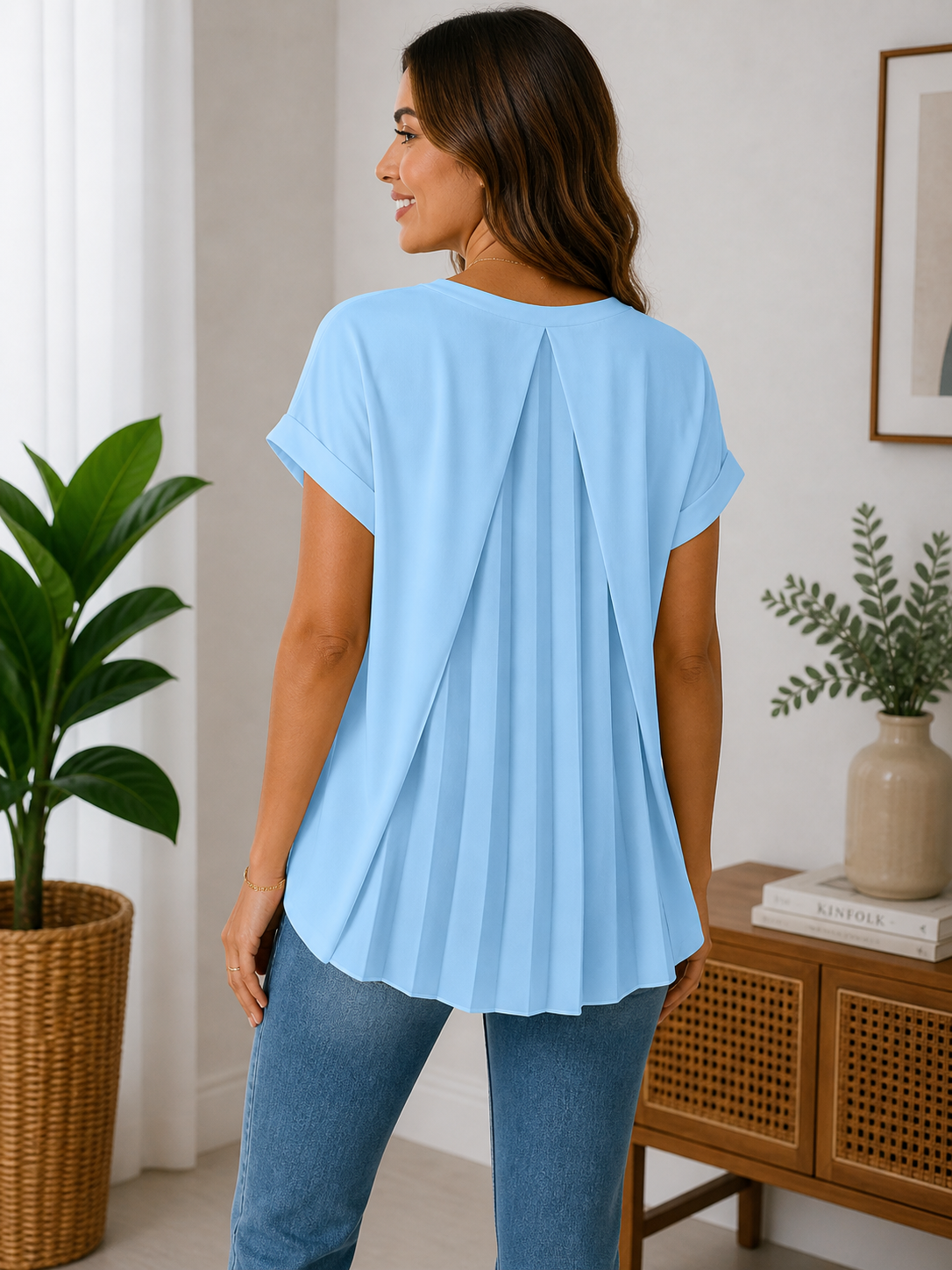 Blusa de Manga Corta con Pliegues en la Espalda