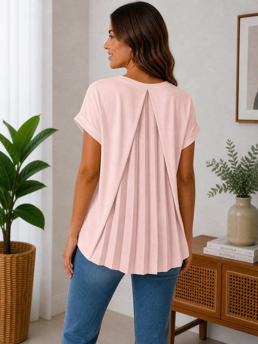 Blusa de Manga Corta con Pliegues en la Espalda