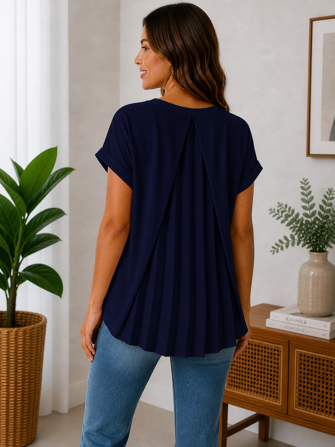 Blusa de Manga Corta con Pliegues en la Espalda