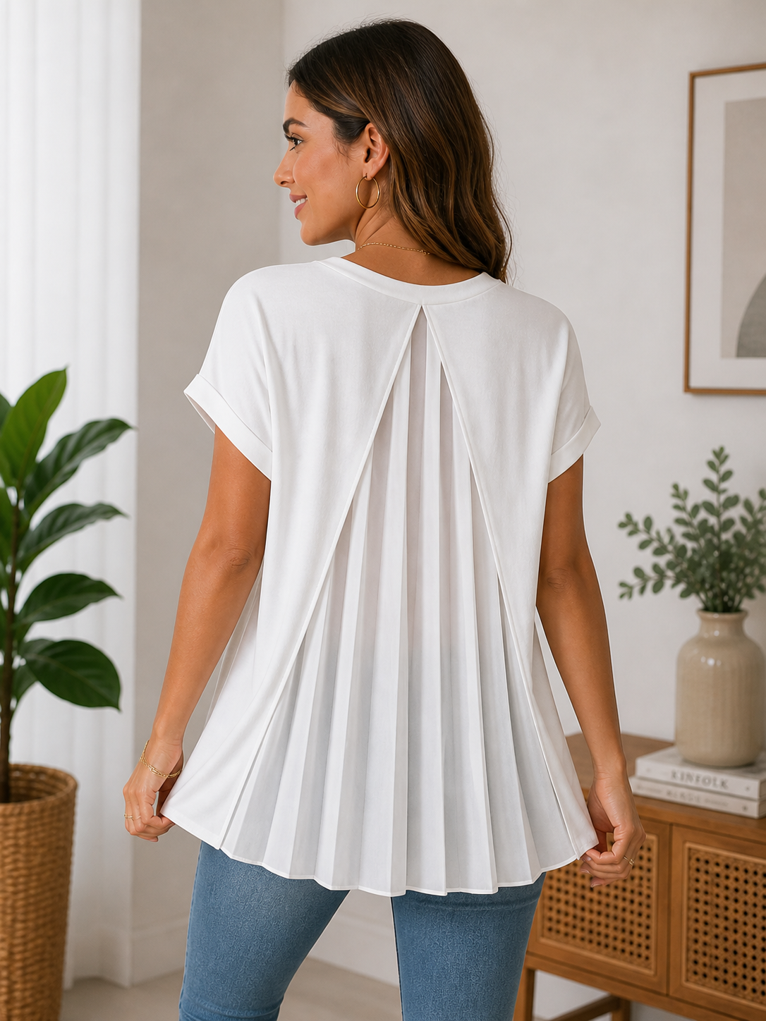 Blusa de Manga Corta con Pliegues en la Espalda