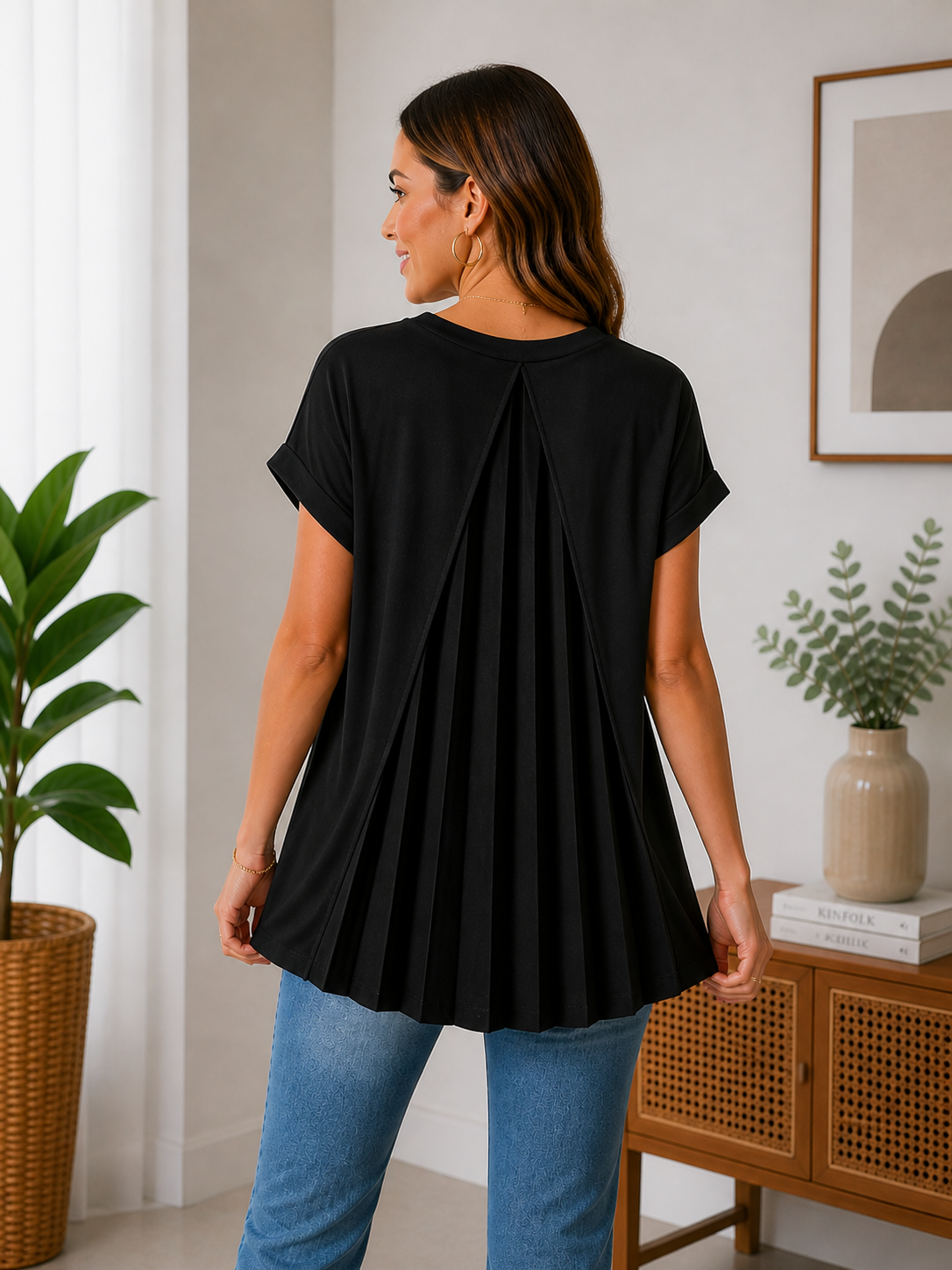 Blusa de Manga Corta con Pliegues en la Espalda