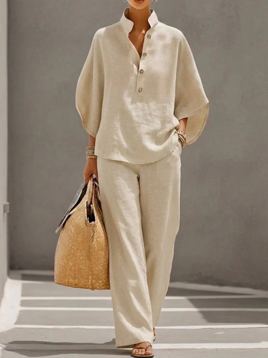 Conjunto de Lino - Camisa Mangas de Murciélago y Pantalón