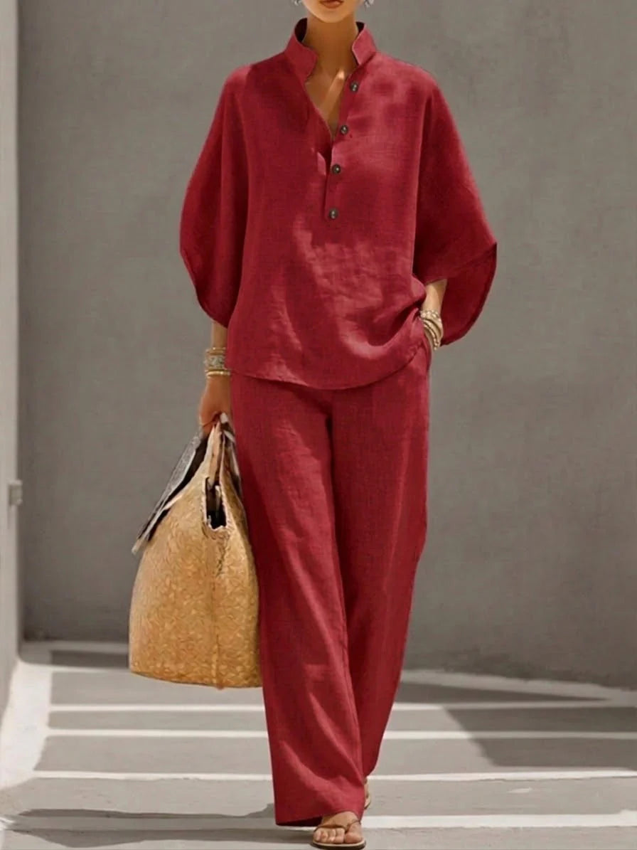 Conjunto de Lino - Camisa Mangas de Murciélago y Pantalón