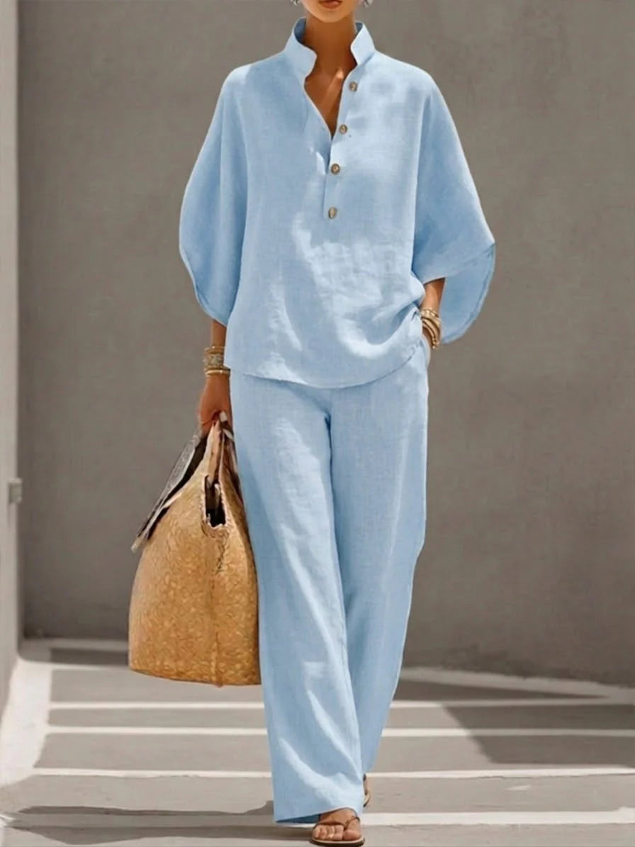 Conjunto de Lino - Camisa Mangas de Murciélago y Pantalón