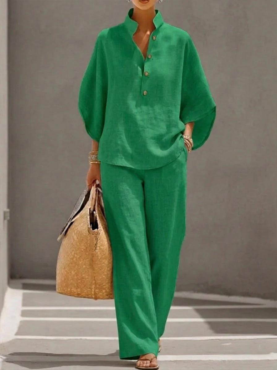 Conjunto de Lino - Camisa Mangas de Murciélago y Pantalón
