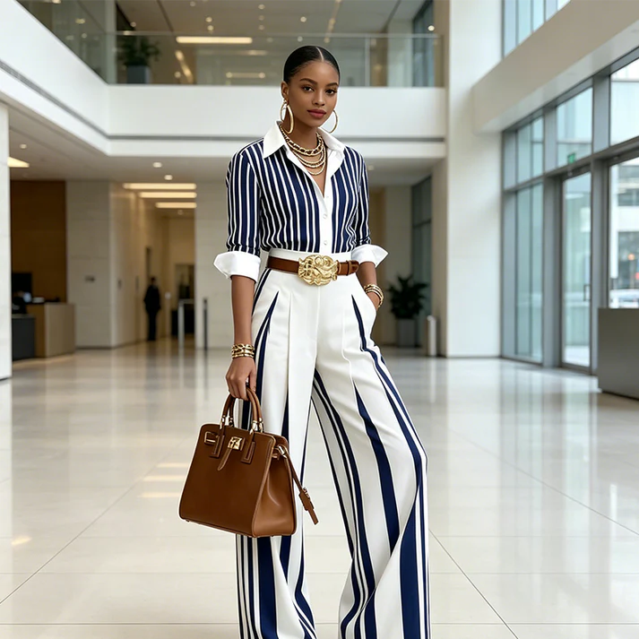 Conjunto de 2 Piezas: Camisa de Rayas y Pantalón de Pierna Ancha