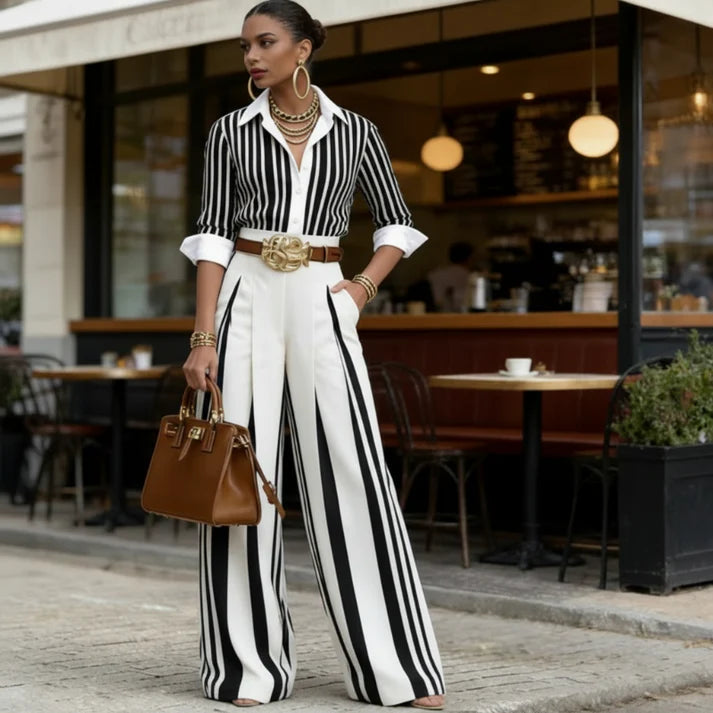 Conjunto de 2 Piezas: Camisa de Rayas y Pantalón de Pierna Ancha